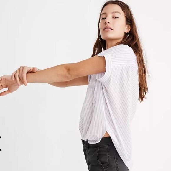 Madewell Button Down Striped Hi-Low Blouse - Picture 1 of 4